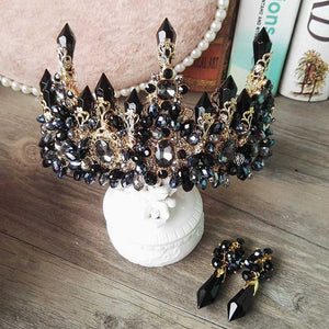 HIMSTORY Luxurious Handmade Black Crystal Wedding Hair Crown Queen Bridal Tiara Hair Accessories Women Jewelry Headwear
