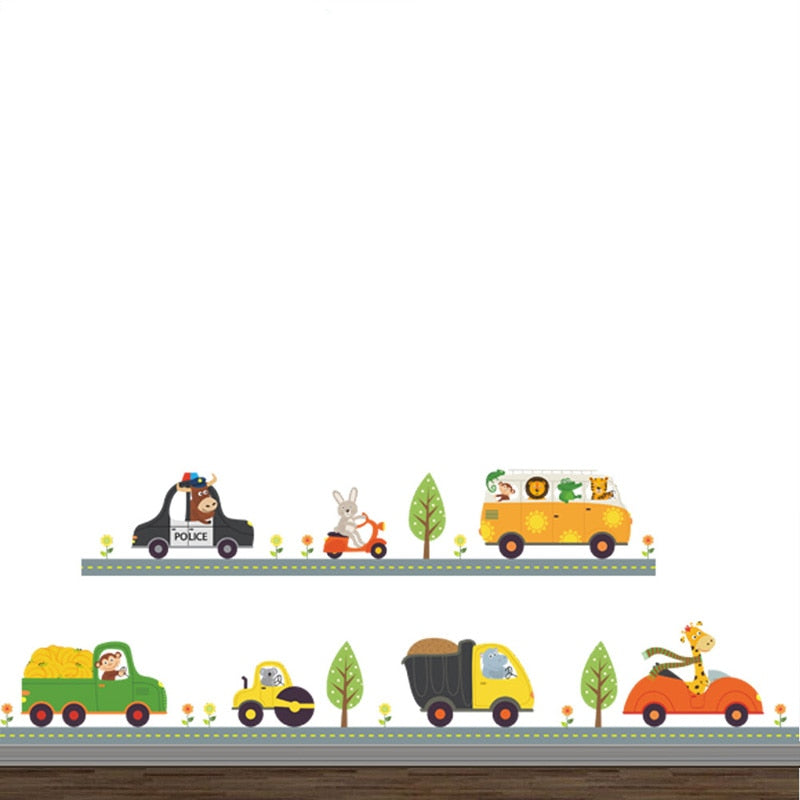 Cartoon Small animals car Wall Sticker Children's room nursery decoration Mural Art Decals background Removable stickers