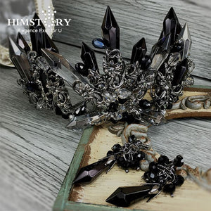 HIMSTORY Luxurious Handmade Black Crystal Wedding Hair Crown Queen Bridal Tiara Hair Accessories Women Jewelry Headwear